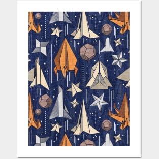 Reaching for the stars // pattern // navy blue background ivory grey brown and orange origami paper asteroids stars and space ships traveling light speed Posters and Art